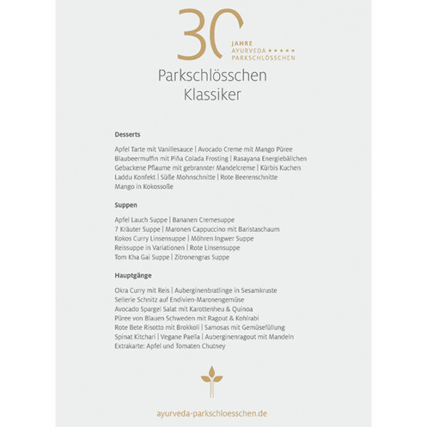 30 Parkschlösschen Klassiker | Ayurveda Rezeptkarten Sammlung | Ayurveda Parkschlösschen Onlineshop